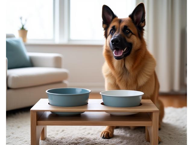 Two elevated dog bowls on a wooden stand, with a happy dog looking up at them.