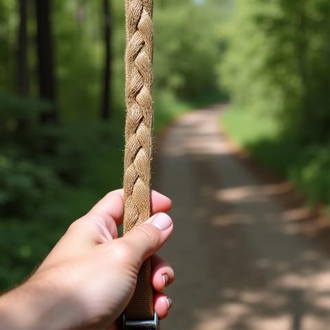 Dog leash made from natural hemp fiber with organic cotton stitching, held by a person on a nature trail.