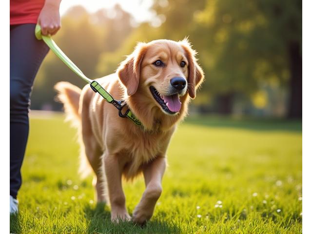 Golden retriever on a sturdy, brightly colored training leash, eagerly looking forward