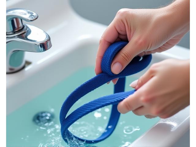 Person cleaning a dog leash with soap and water
